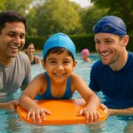 Swimming-Training.jpg , safty ke sath baccho ko unke parents swimming ki training de rahe hai